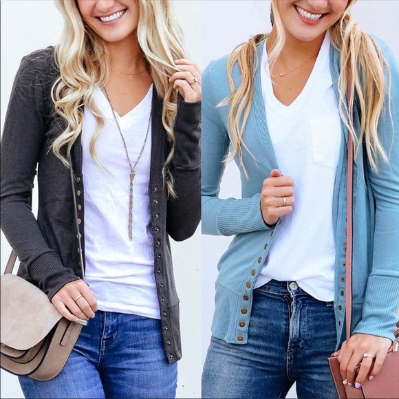 ESSENTIAL CHARCOAL SNAP BUTTON CARDIGAN - Picture 3 of 5